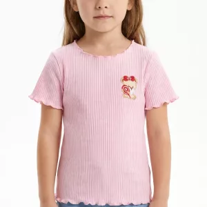 Cute Cotton Summer T-Shirt with Lettuce Hem for Girls