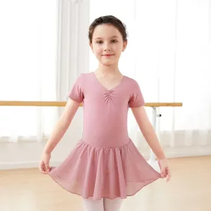 Short Sleeve Gymnastics Bodysuit Cotton Dance Leotard with Skirt
