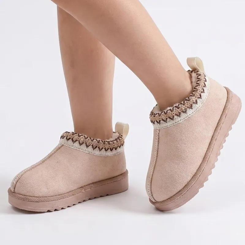 Soft Plush Slip-On Ankle Boots Anti-Slip Warm Shoes with Thick Sole for Kids